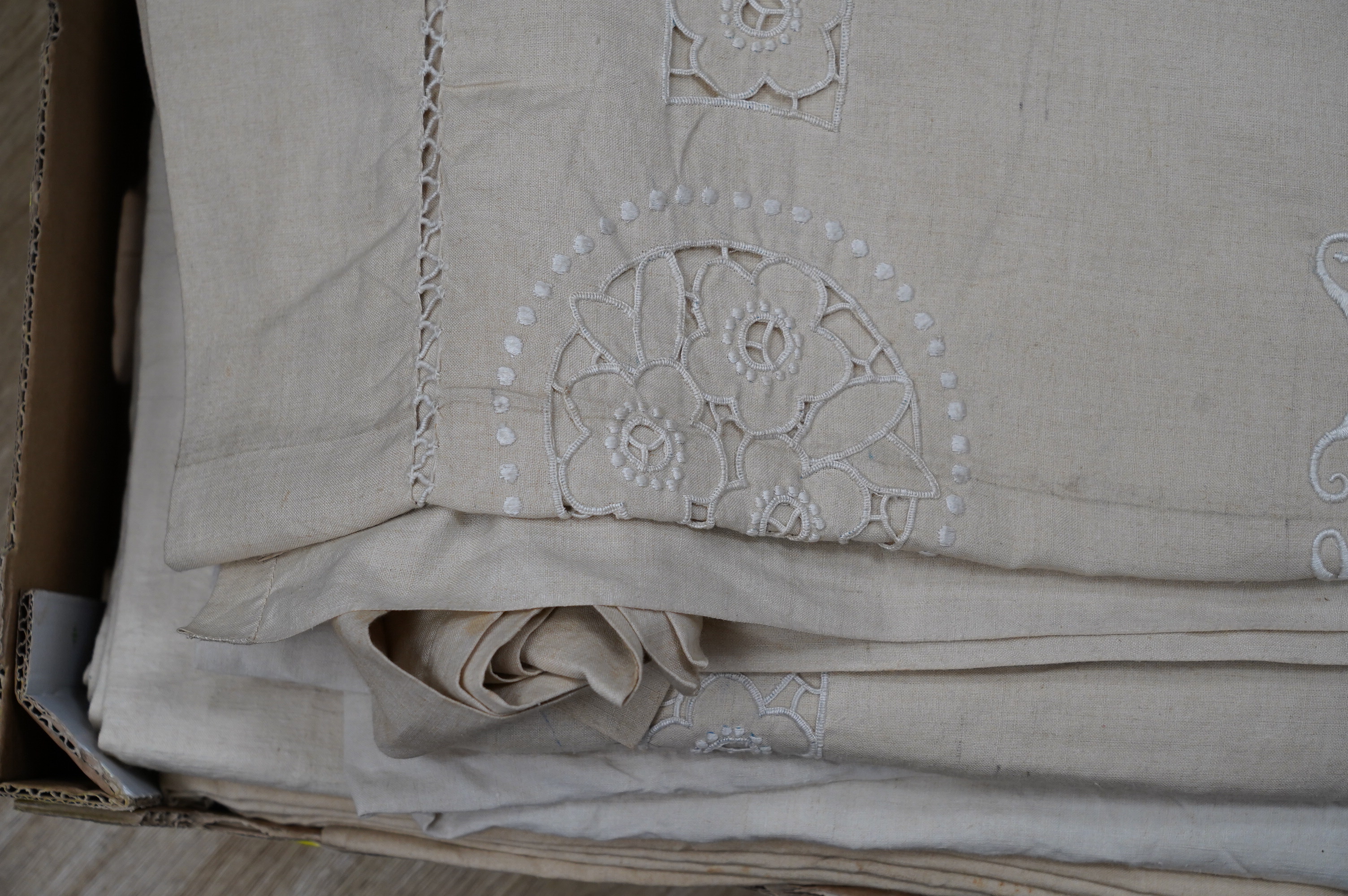 Six French provincial linen sheets with embroidered turn backs. Condition - good